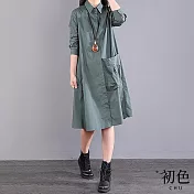 【初色】簡約棉麻風襯衫領大口袋長袖中長裙連衣裙連身洋裝洋裝-共2色-32650(M-2XL可選) M 綠色