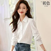 【初色】翻領純色肌理感輕薄長袖襯衫上衣-白色-32707(M-2XL可選) XL 白色