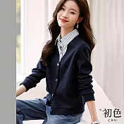 【初色】拼接翻領假兩件條紋襯衫長袖T恤上衣-藏青色-32602(M-2XL可選) M 藏青色