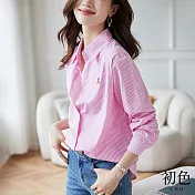 【初色】刺繡翻領長袖細條紋襯衫上衣女上衣-粉色條紋-32678(M-2XL可選) L 粉色條紋