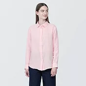 【MUJI 無印良品】女亞麻水洗標準領長袖襯衫 L 粉紅直紋