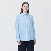【MUJI 無印良品】女亞麻水洗標準領長袖襯衫 L 淺藍直紋