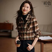 【初色】復古格紋休閒百搭寬鬆翻領長袖襯衫女上衣-咖色-32778(M-2XL可選) M 咖色