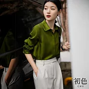 【初色】純色簡約緞面休閒寬鬆舒適翻領長袖襯衫上衣女上衣-共2色-32799(M-2XL可選) L 綠色