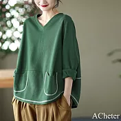【ACheter】 時尚華夫格明線休閒寬鬆V領長袖上衣T恤短版# 120996 L 綠色