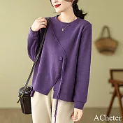【ACheter】 韓版圓領寬鬆顯瘦純色休閒拼接上衣長袖短版# 120998 M 紫色