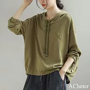 【ACheter】 棉連帽薄新款文藝時尚休閒系帶純色長袖短版上衣# 121169 L 軍綠色
