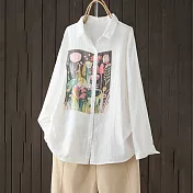 【ACheter】 棉麻感大碼文藝寬鬆休閒時尚印花長袖中長版襯衫上衣# 121016 M 米白色