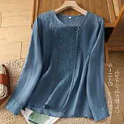 【ACheter】 新中式風尚棉麻感盤扣長袖上衣刺繡國風茶服寬鬆顯瘦短版# 121240 M 藍色