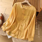 【ACheter】 中式盤扣長袖襯衫文藝復古氣質上衣刺繡精緻高端棉短版# 121242 M 黃色