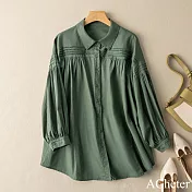 【ACheter】 棉長袖襯衫文藝復古寬鬆休閒短版上衣# 121244 L 綠色