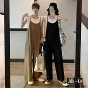 【Jilli~ko】日系棉麻寬鬆顯瘦背帶闊腿連身褲 11703  FREE 卡其色