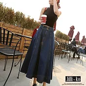 【Jilli~ko】復古牛仔高腰顯瘦A字大襬簡約半身裙 M-L J11693  M 深藍色