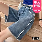 【Jilli~ko】高腰顯瘦毛邊寬鬆五分直筒牛仔短褲 M-XL J11674  XL 藍色