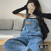 【Jilli~ko】鹽系皮牌貼布寬鬆闊腿直筒牛仔吊帶褲 L-2XL J11708  XL 藍色