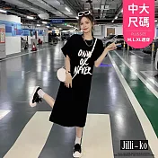 【Jilli~ko】韓系印花寬鬆簡約開衩T恤連衣裙中大尺碼 J11707 FREE 黑色