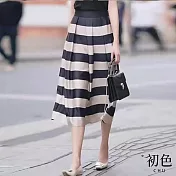 【初色】法式條紋薄款高腰遮肉A字裙中長裙半身裙-共2色-33155(M-2XL可選) M 黑色