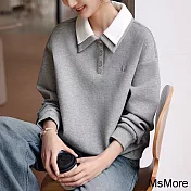 【MsMore】 雙層領設計灰色長袖休閒簡約氣質百搭遮肉顯瘦短版上衣# 121253 L 灰色
