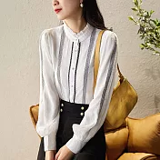 【MsMore】 法式木耳蕾絲邊小立領雙層單排扣長袖襯衫短版上衣# 120749 L 白色