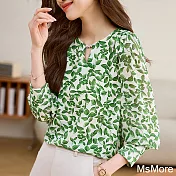 【MsMore】 綠色雪紡長袖法式圓領上衣碎花設計感溫柔短版# 120826 M 綠色