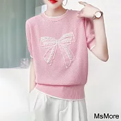【MsMore】 溫柔少女感短袖輕薄針織衫領口珍珠蝴蝶結短版上衣# 121049 FREE 粉紅色