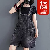 【慢。生活】文藝牛仔寬鬆大口袋五分闊腿吊帶短褲 XL-2XL J11709  XL 黑色