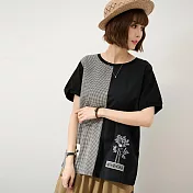 【慢。生活】棉質格紋拼接貼布刺繡寬版T恤 13301  FREE 黑色