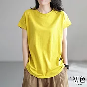 【初色】休閒百搭純色拼接寬鬆圓領短袖T恤上衣-共5色-69360(M-2XL可選) XL 黃色