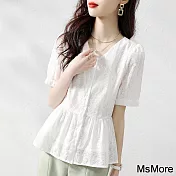 【MsMore】 優雅娃娃衫氣質精緻知性時尚休閒寬鬆韓版襯衫短袖短版上衣# 120665 M 白色