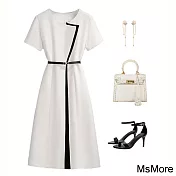 【MsMore】 設計師拼接連身裙OL氣質簡約A字收腰短袖長版洋裝# 120679 M 白色