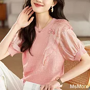 【MsMore】 針織衫短袖圓領粉色韓版寬鬆時尚設計感短版上衣# 120718 FREE 粉紅色