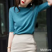 【MsMore】 純色圓領短袖韓版時尚減齡上衣顯瘦百搭冰絲針織衫# 121194 FREE 藍色