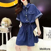【MsMore】 大碼韓國牛仔短袖慵懶洋氣減齡翻領寬鬆連身裙短版洋裝# 121225 M 藍色