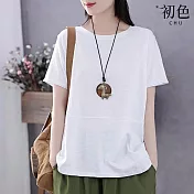 【初色】韓版寬鬆休閒百搭純色圓領短袖T恤上衣-共4色-69370(M-2XL可選) M 白色