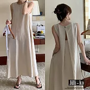 【Jilli~ko】法式氣質高級感露背寬鬆無袖連衣裙 J11775  FREE 杏色