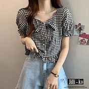 【Jilli~ko】法式格子設計感泡泡袖短款上衣 J11738  FREE 黑色