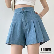 【Jilli~ko】鬆緊高腰牛仔A字闊腿短褲 L-XL J11630  XL 淺藍色