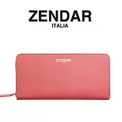 【ZENDAR】臺灣總代理 限量1折 頂級小牛皮防刮十字紋拉鍊皮夾 卡門系列 全新專櫃展示品 玫瑰粉色