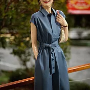 【MsMore】 低調質感文藝風定織匹馬棉POLO領短袖連身裙中長版洋裝# 121393 M 深藍色