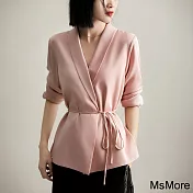 【MsMore】 休閒重磅絲質寬鬆收腰顯瘦設計感長袖西裝式罩衫短版上衣# 121395 L 粉紅色
