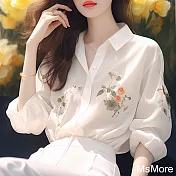 【MsMore】 法式白色印花雪紡襯衫寬鬆氣質長袖上衣別致漂亮防曬衫短版# 121526 L 白色
