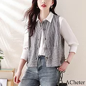 【ACheter】 文藝棉麻大碼寬鬆顯瘦條紋無袖馬夾短版背心上衣# 120723 L 灰色