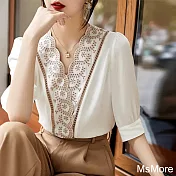 【MsMore】 復古宮廷彈力雙喬緞絲質V領刺繡五分袖短版上衣上衣# 120747 2XL 白色