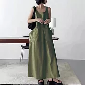 【ACheter】 方領無袖大口袋工裝風寬鬆背心連身裙長洋裝# 121339 FREE 綠色