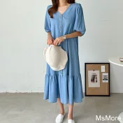 【MsMore】 韓國chic復古V領單排扣寬鬆休閒荷葉邊短袖牛仔連身裙洋裝# 121348 FREE 藍色