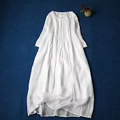 【ACheter】 洋裝文藝森系苧麻感風琴褶長短袖顯瘦洋裝# 121350 L 白色