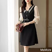 【MsMore】 韓版氣質優雅蕾絲拼接法式翻領長袖連身裙中長版洋裝# 121360 L 黑色