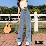 【Jilli~ko】交叉造型高腰闊腿直筒拖地牛仔褲 M-XXL J11725  XL 淺藍色