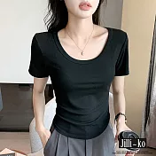 【Jilli~ko】中大尺碼春夏短袖薄款U領彈性百搭簡約短版T恤 M-XXL J11785  M 黑色