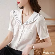 【MsMore】 海軍領短袖襯衫法式寬鬆休閒短版# 121308 M 白色